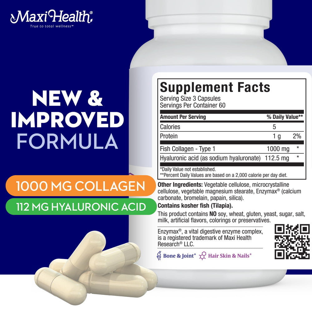 Label showing kosher-certified and shellfish-free collagen capsules