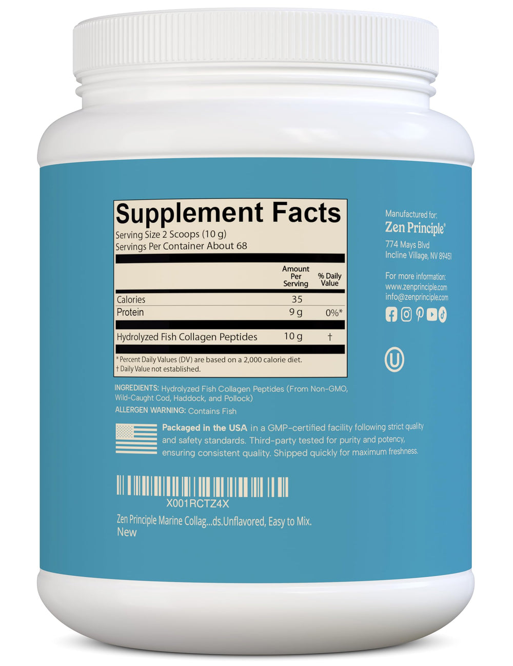 Unflavored marine collagen powder with a measuring scoop