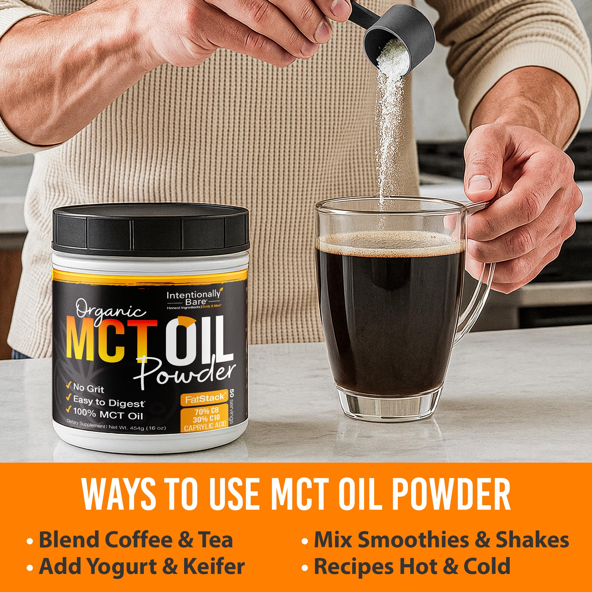 Unflavored MCT powder packaging ready to mix
