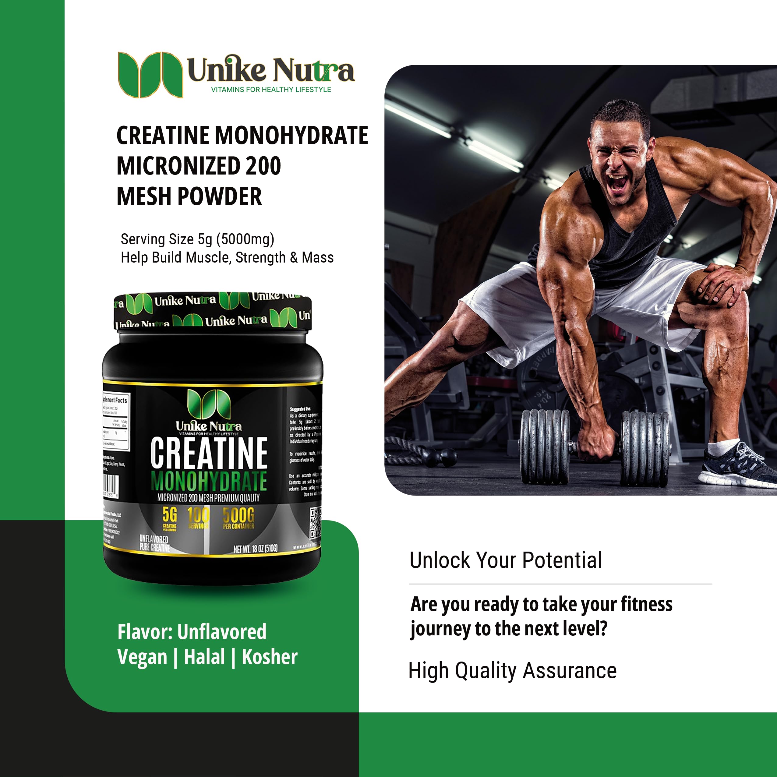Bottle of Unike Nutra Pure Creatine Monohydrate Powder 500g