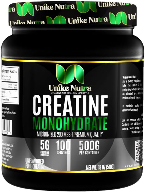 Front view of Unike Nutra Pure Creatine Monohydrate Powder 500g bottle