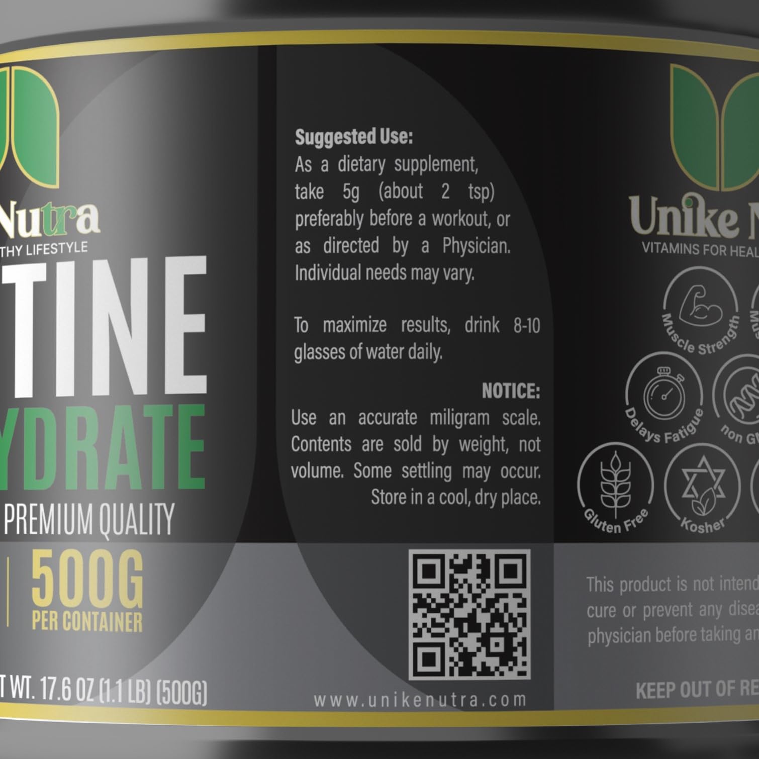 Nutrition facts panel on Unike Nutra Creatine label
