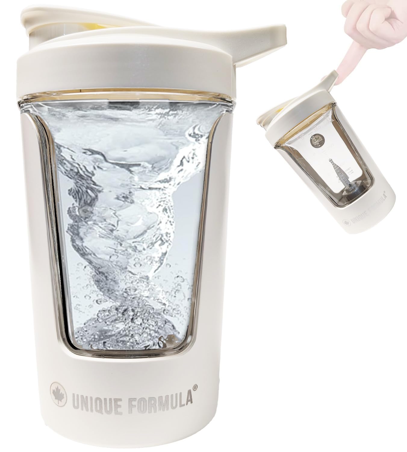 Front view of white 15oz Unique Formula electric protein shaker bottle