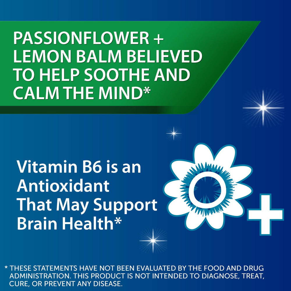 Illustration of passion flower, lemon balm, and vitamin B6 ingredients