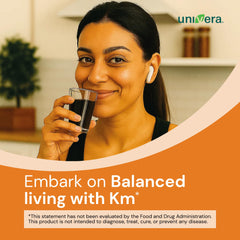 Univera km bottle with back label showing ingredients and directions