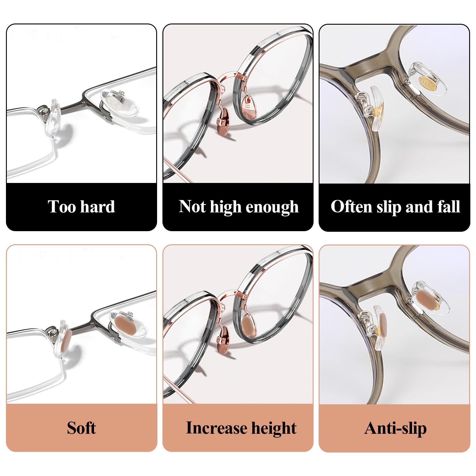 Nose pads compatible with metal, plastic, and acetate frames