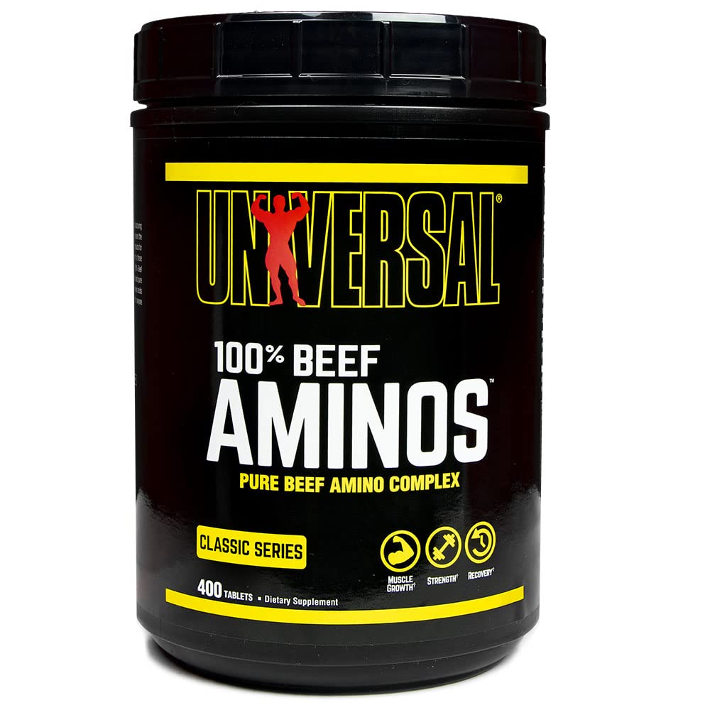 Universal Nutrition 100% Beef Aminos tablets front view for recovery and lean mass support.