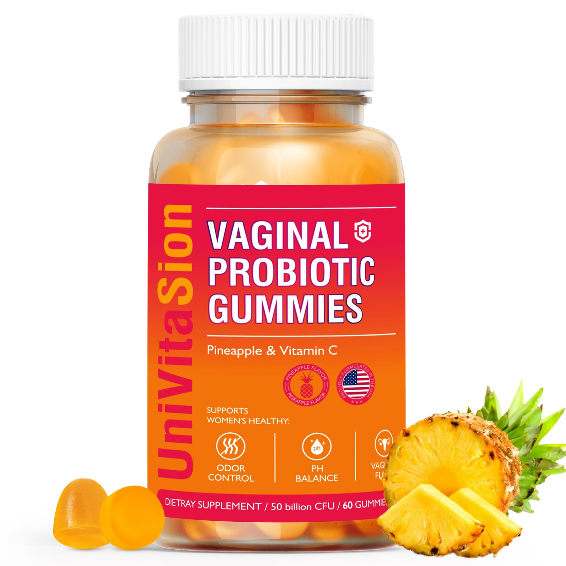 UniVitaSion Vaginal Probiotics Gummies bottle with pineapple flavor and 50B CFUs