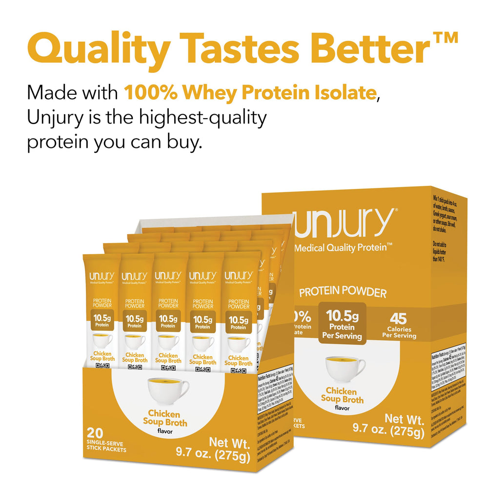 Unjury Chicken Soup protein shake glass demonstrates smooth post-workout option.