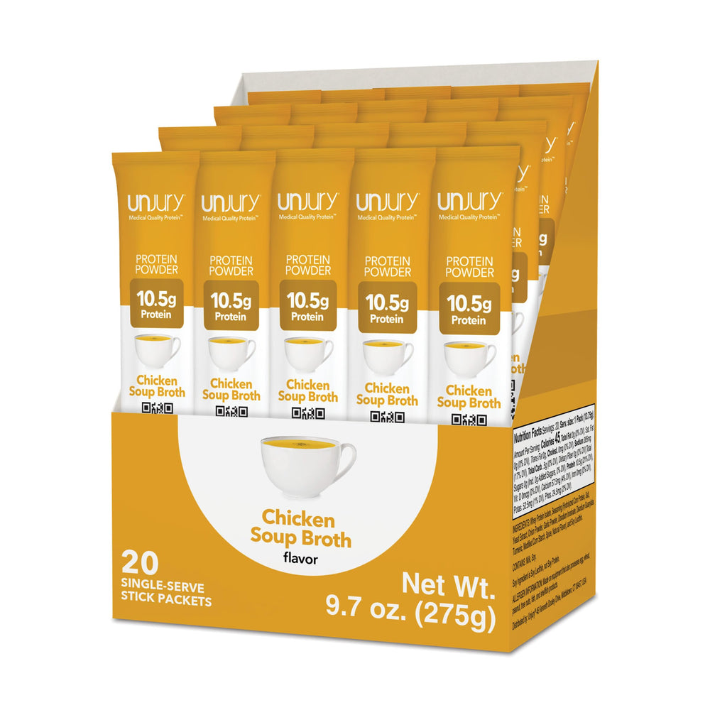 Unjury Chicken Soup stick packs shown for on-the-go high-protein support.