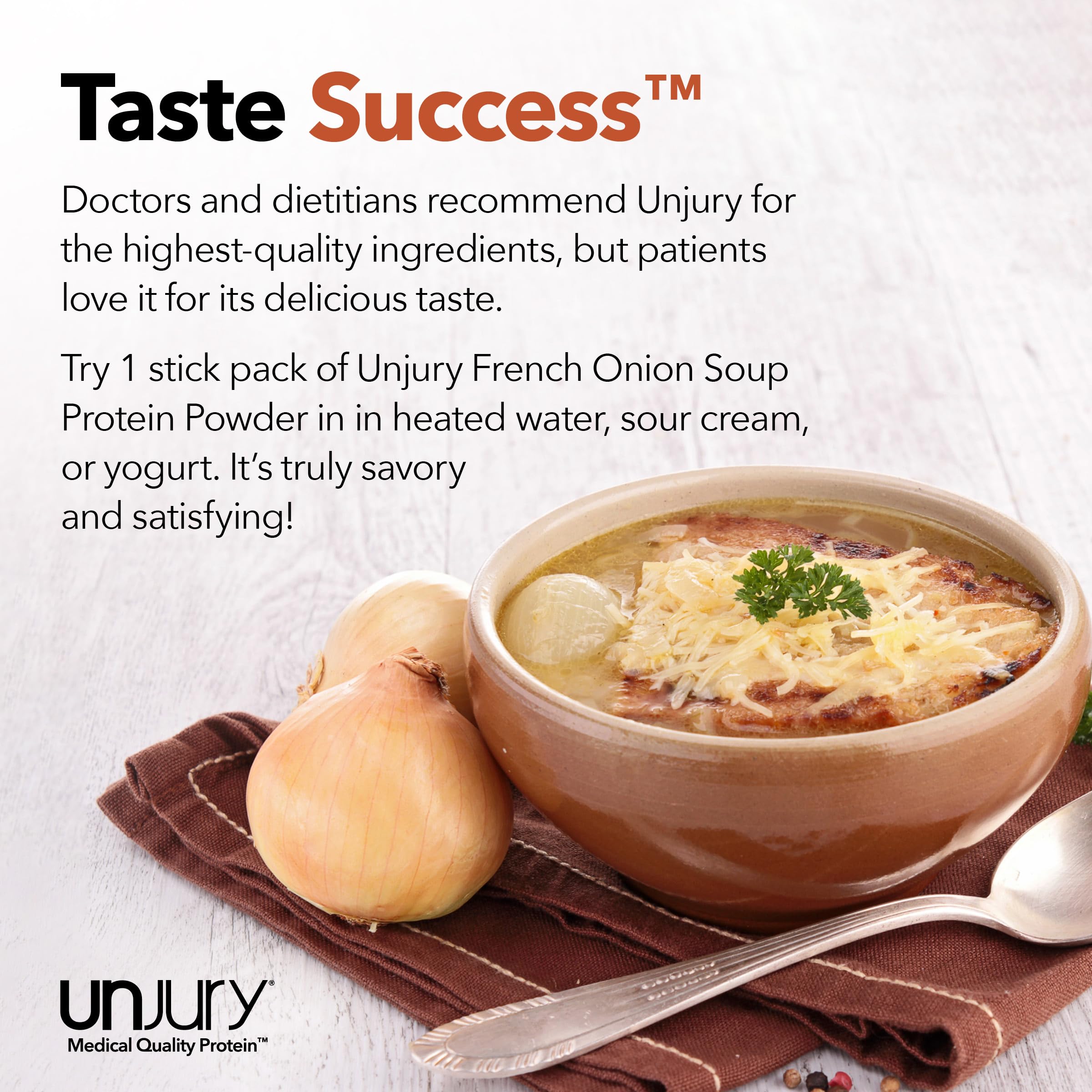 Unjury French Onion gluten-free icons convey allergen-safe protein powder option.