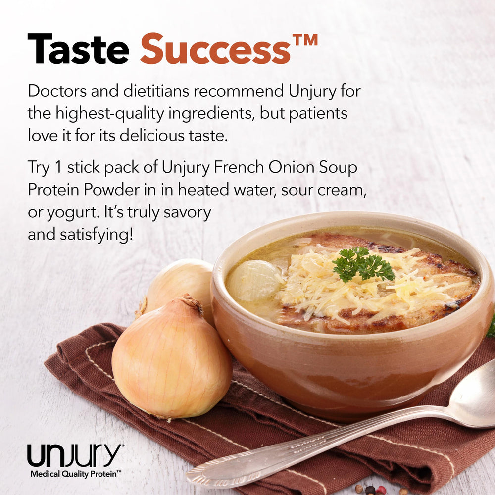 Unjury French Onion gluten-free icons convey allergen-safe protein powder option.