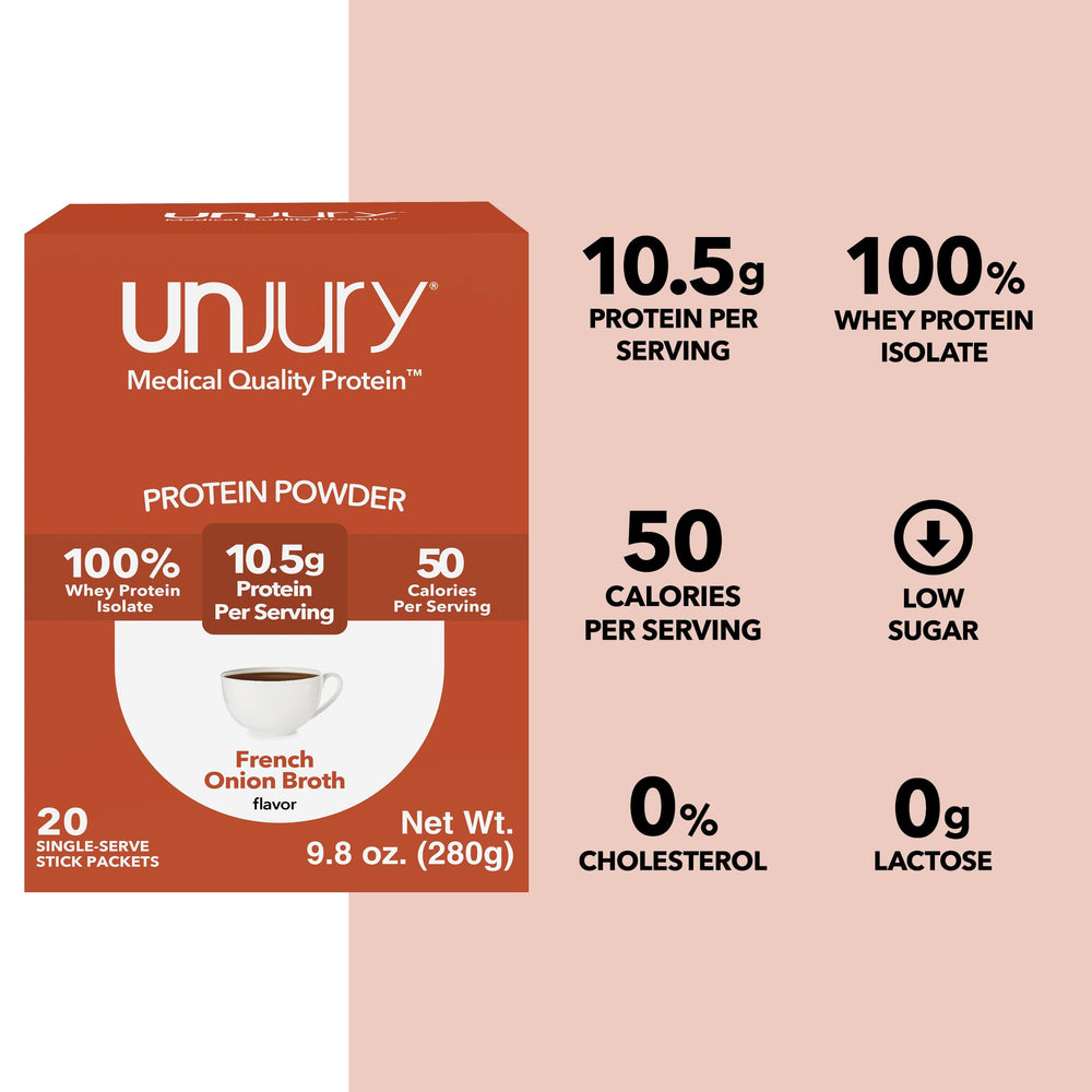 Unjury French Onion protein nutrition label highlighting 100% whey isolate and allergen info.