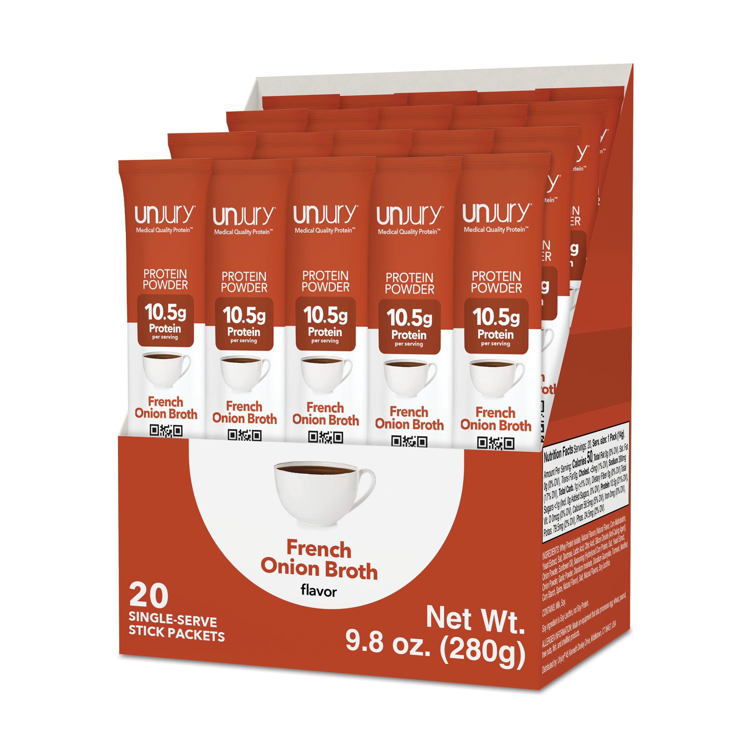 Unjury French Onion stick-pack closeup shows convenient single-use packaging for on-the-go protein.