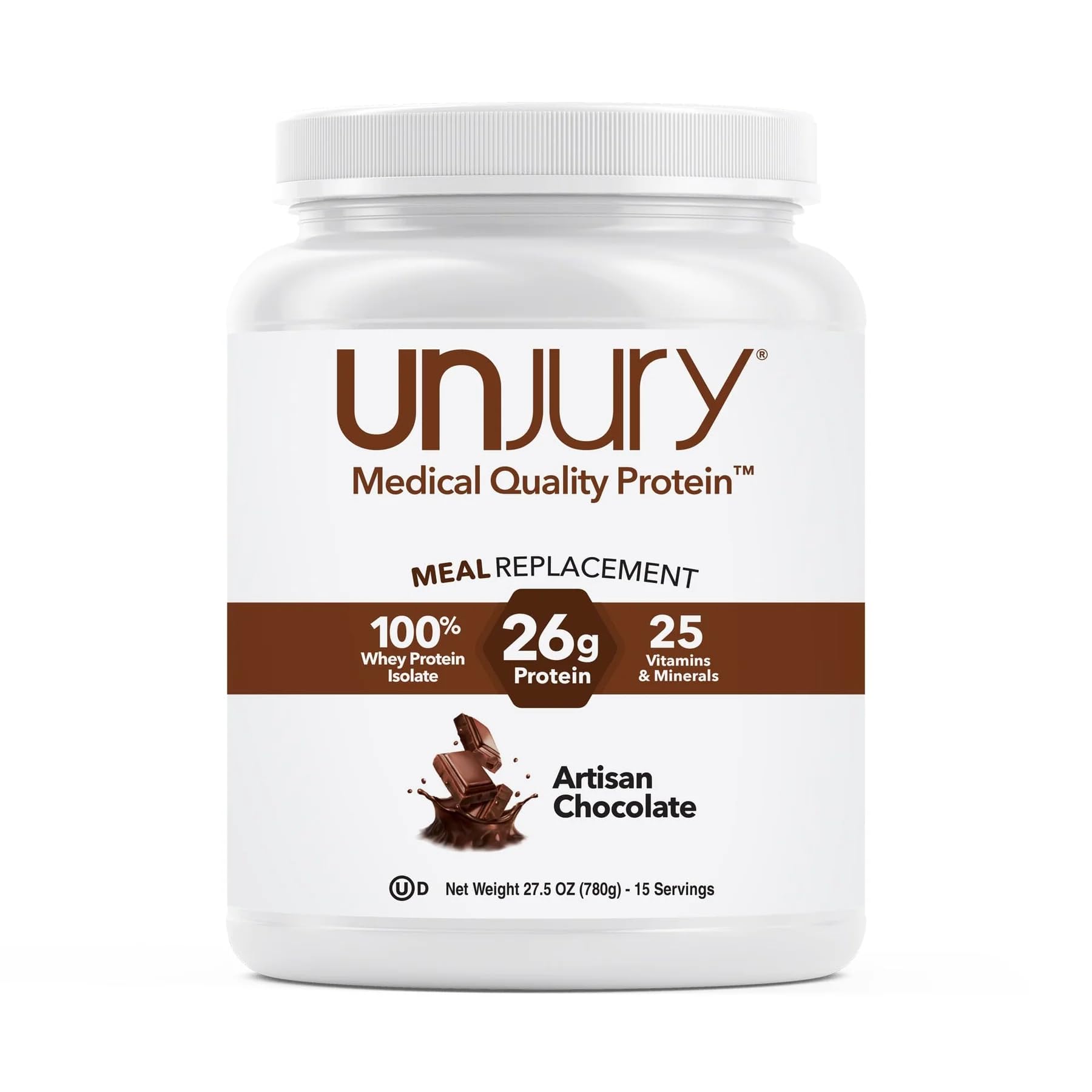 Unjury meal replacement chocolate being poured for a quick, high-protein shake.