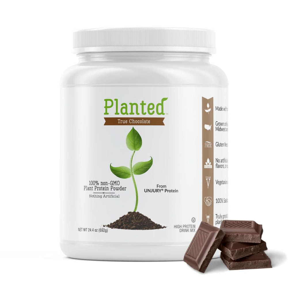 Unjury Planted chocolate pea protein bottle highlights dairy-free protein option for meals.