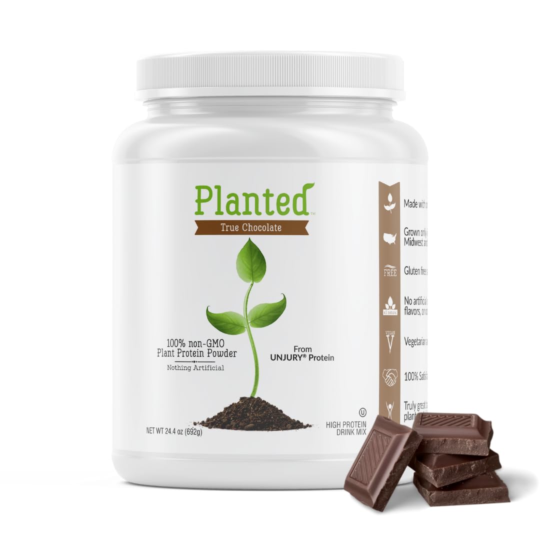 Unjury Planted chocolate pea protein bottle highlights dairy-free protein option for meals.