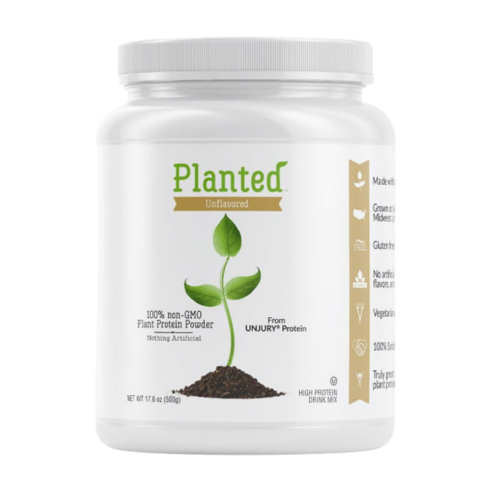 Unjury Planted vegan protein powder tub showcased for convenient high-protein nutrition.