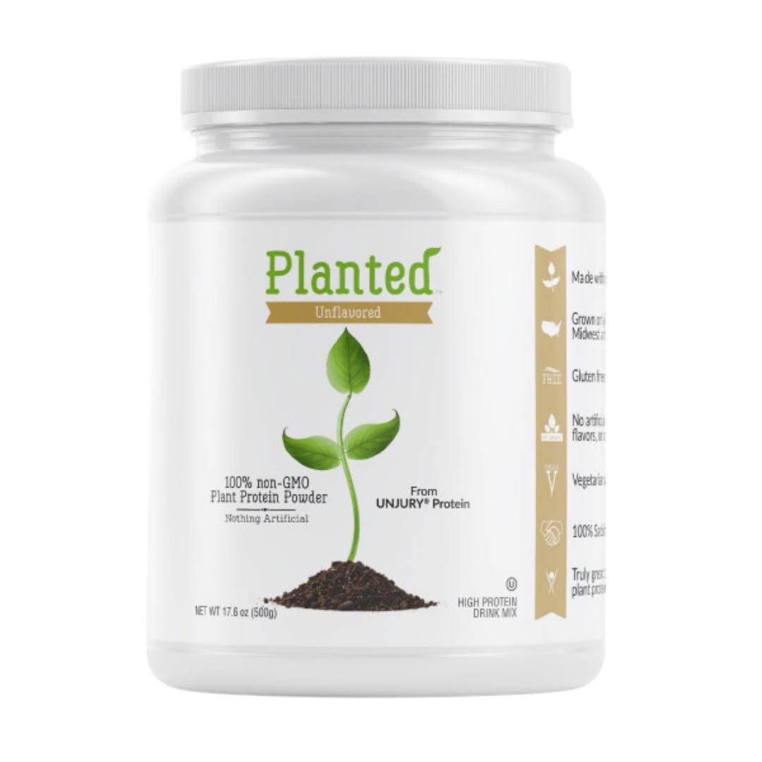 Unjury Planted vegan protein powder tub showcased for convenient high-protein nutrition.