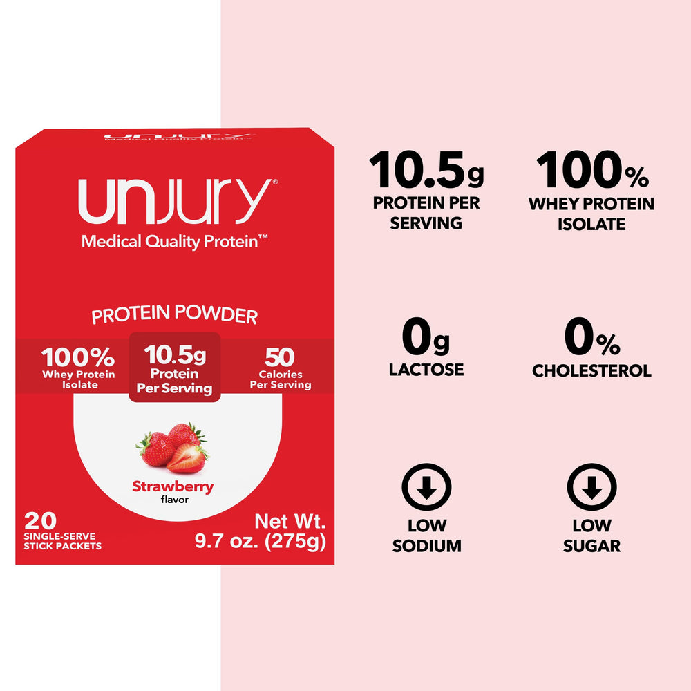 Unjury bottle label highlights clean formula and 20 servings of whey isolate.