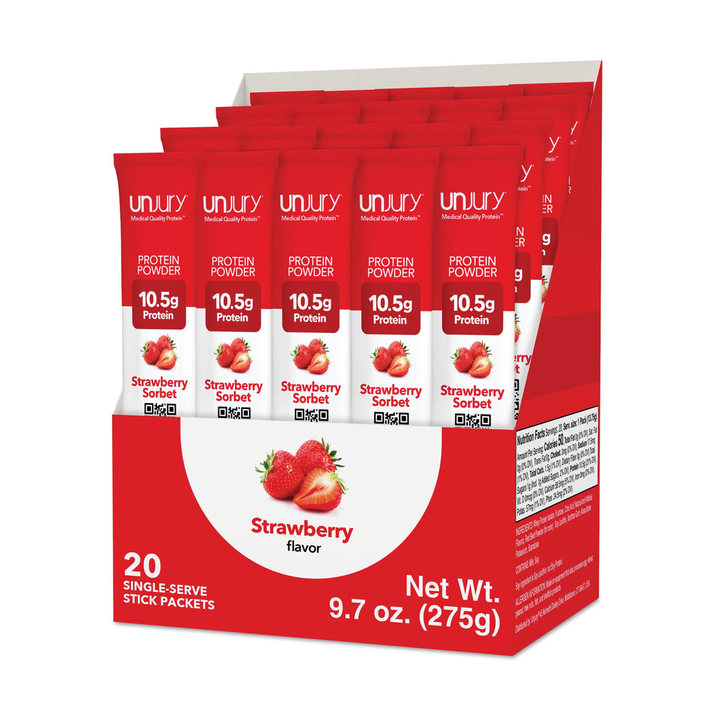 Unjury Strawberry whey isolate stick packs provide a lactose-free, high-quality protein boost on the go.
