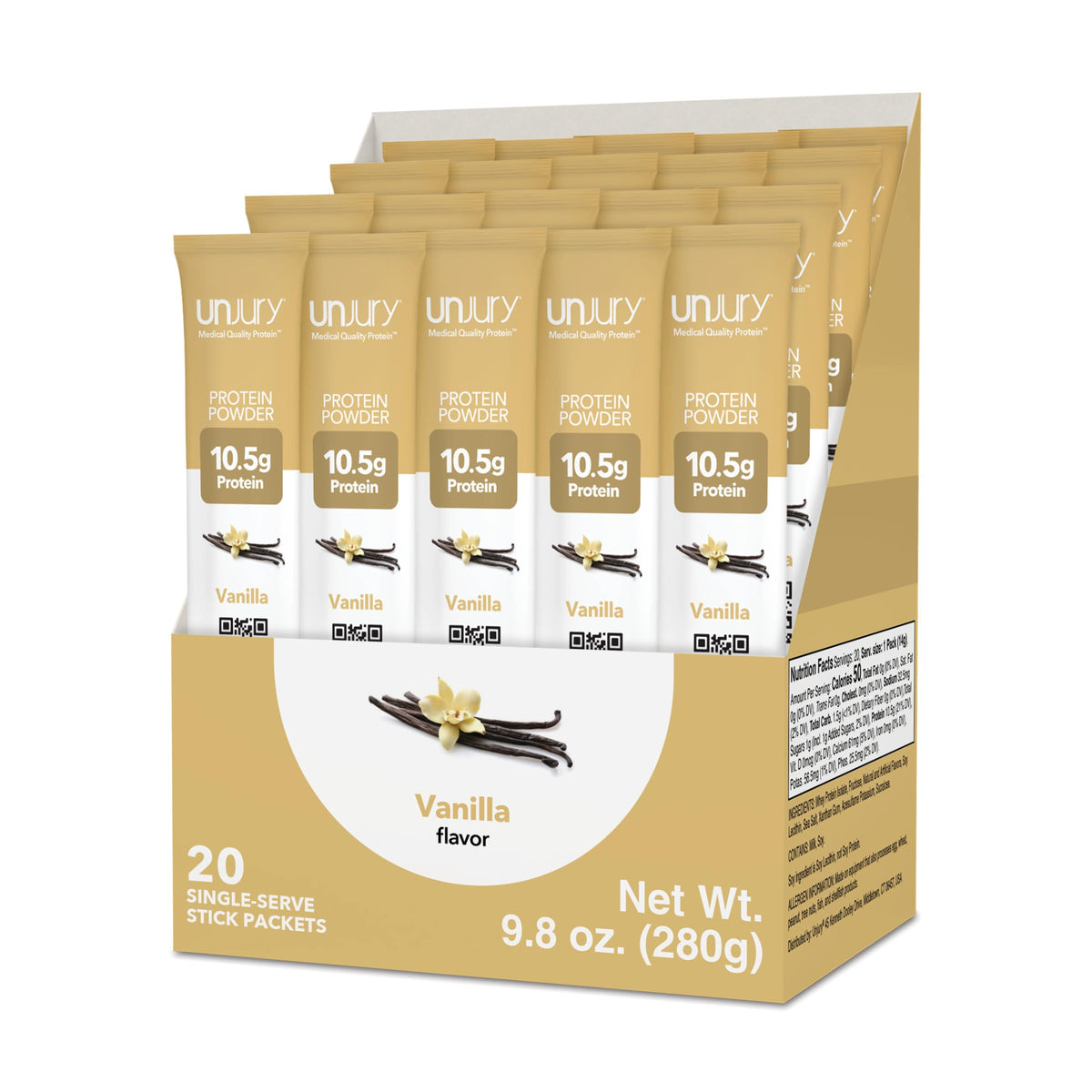 Unjury Vanilla whey protein stick pack for convenient on-the-go protein.