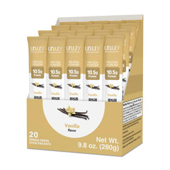 Unjury Vanilla whey protein stick pack for convenient on-the-go protein.
