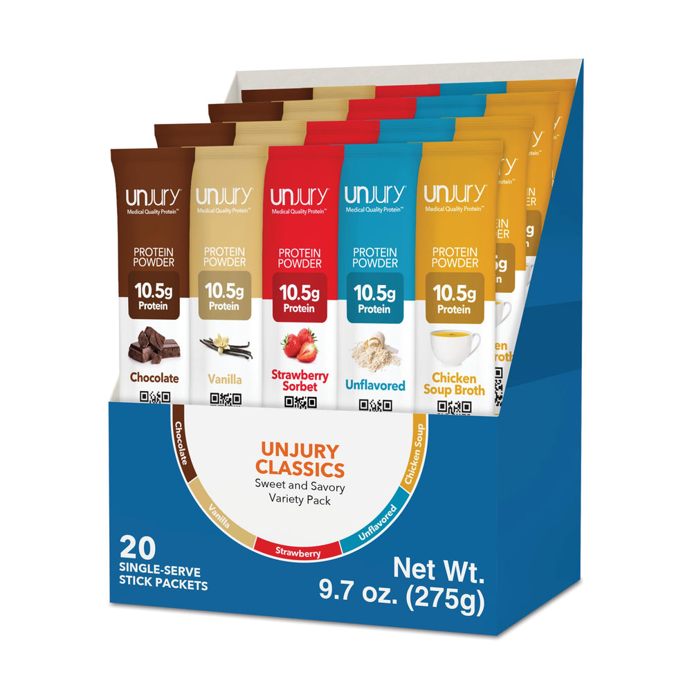 Unjury Variety Stick Packs front view, convenient on-the-go protein for busy days.