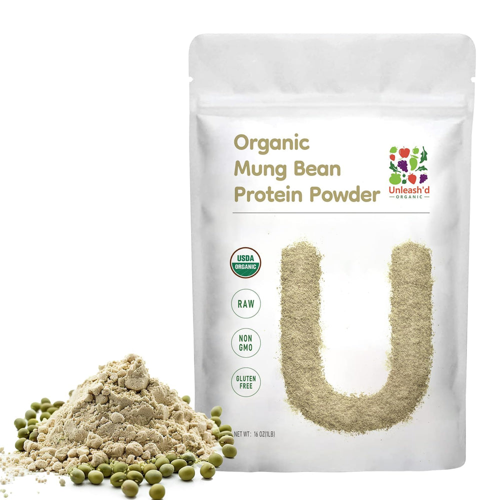 Front view of UNLEASH'D ORGANIC Mung Bean Protein Powder 16 oz package