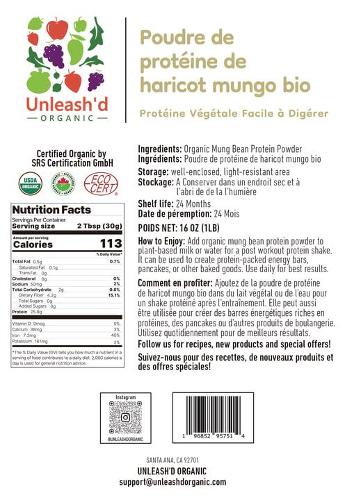Product label of UNLEASH'D ORGANIC Mung Bean Protein Powder