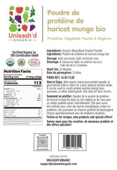 Product label of UNLEASH'D ORGANIC Mung Bean Protein Powder