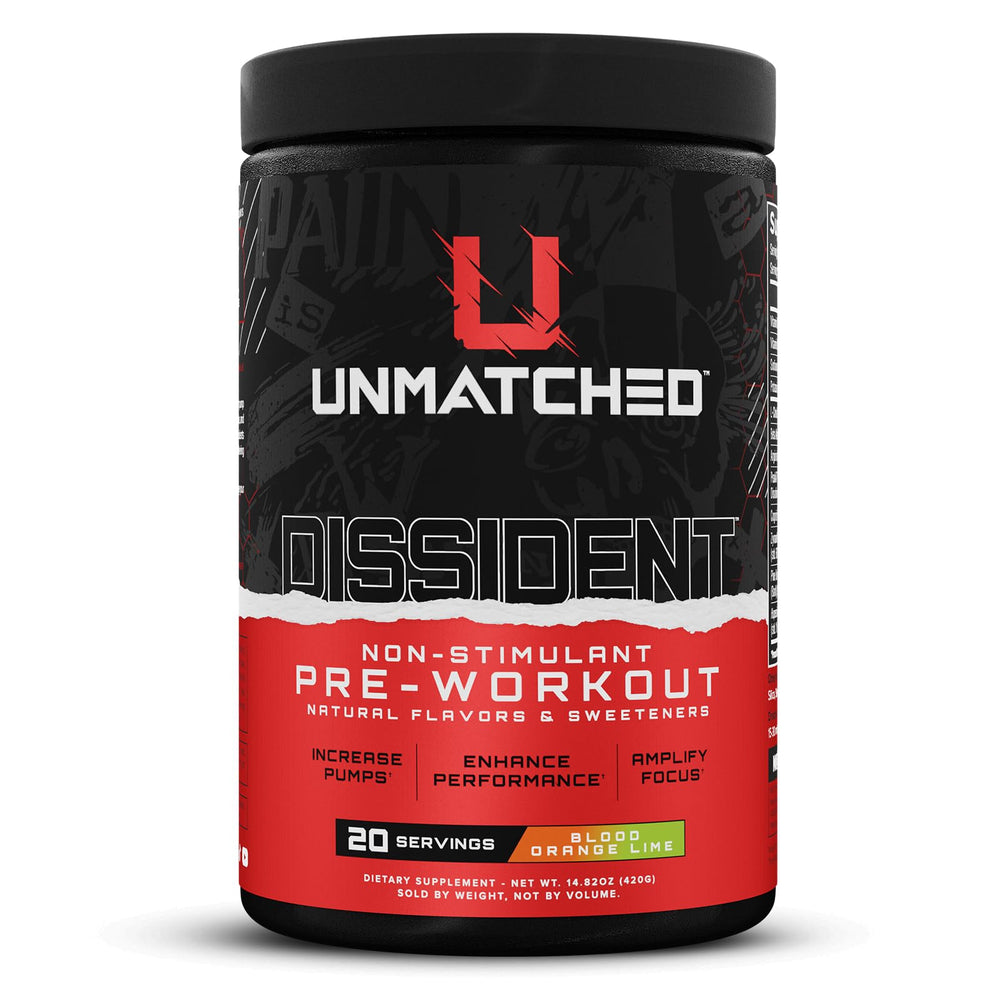 Packaging of Unmatched Dissident Non-Stim Pre-Workout Powder in Blood Orange Lime flavor