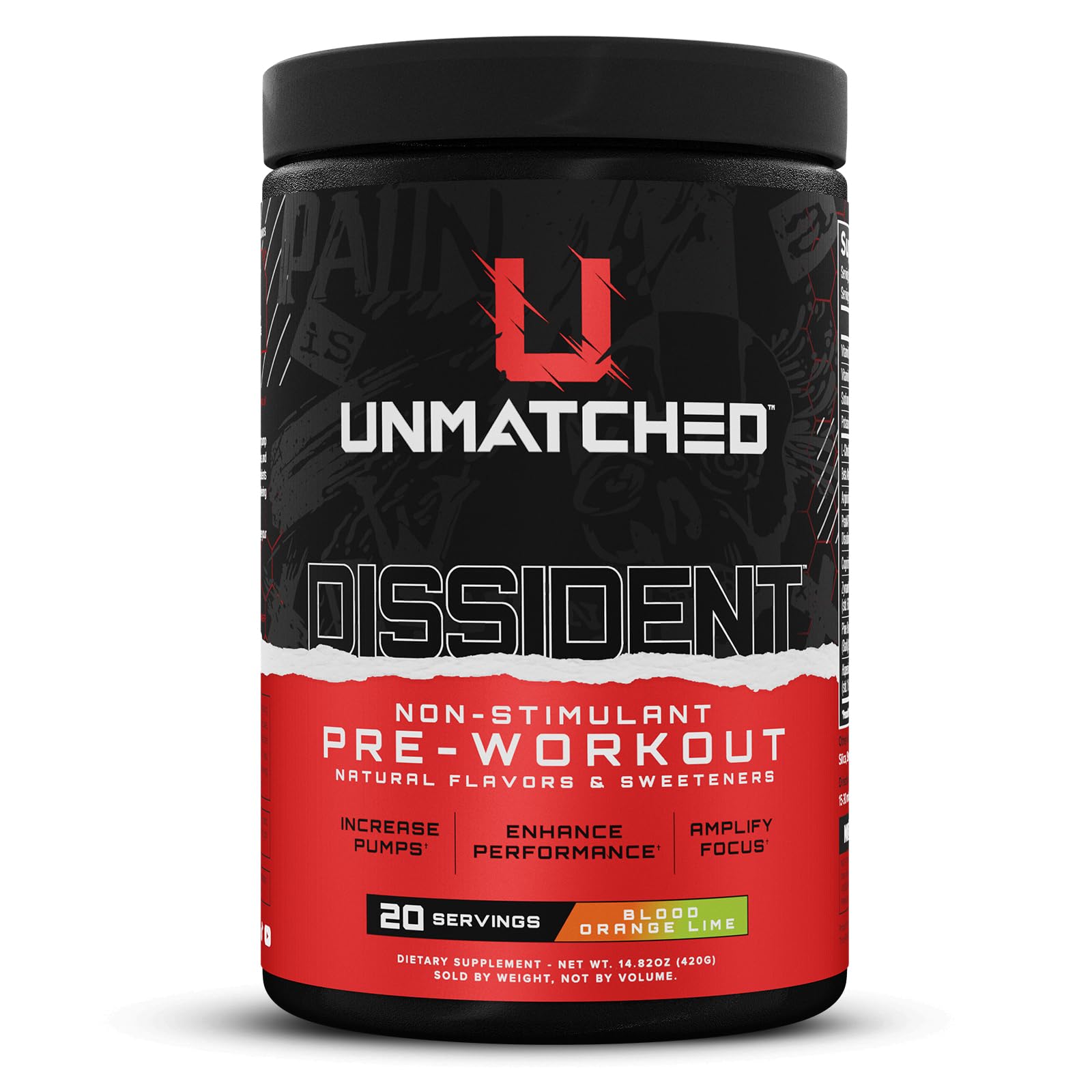 Dissident Non-Stim Pre-Workout powder bottle in Blood Orange Lime flavor