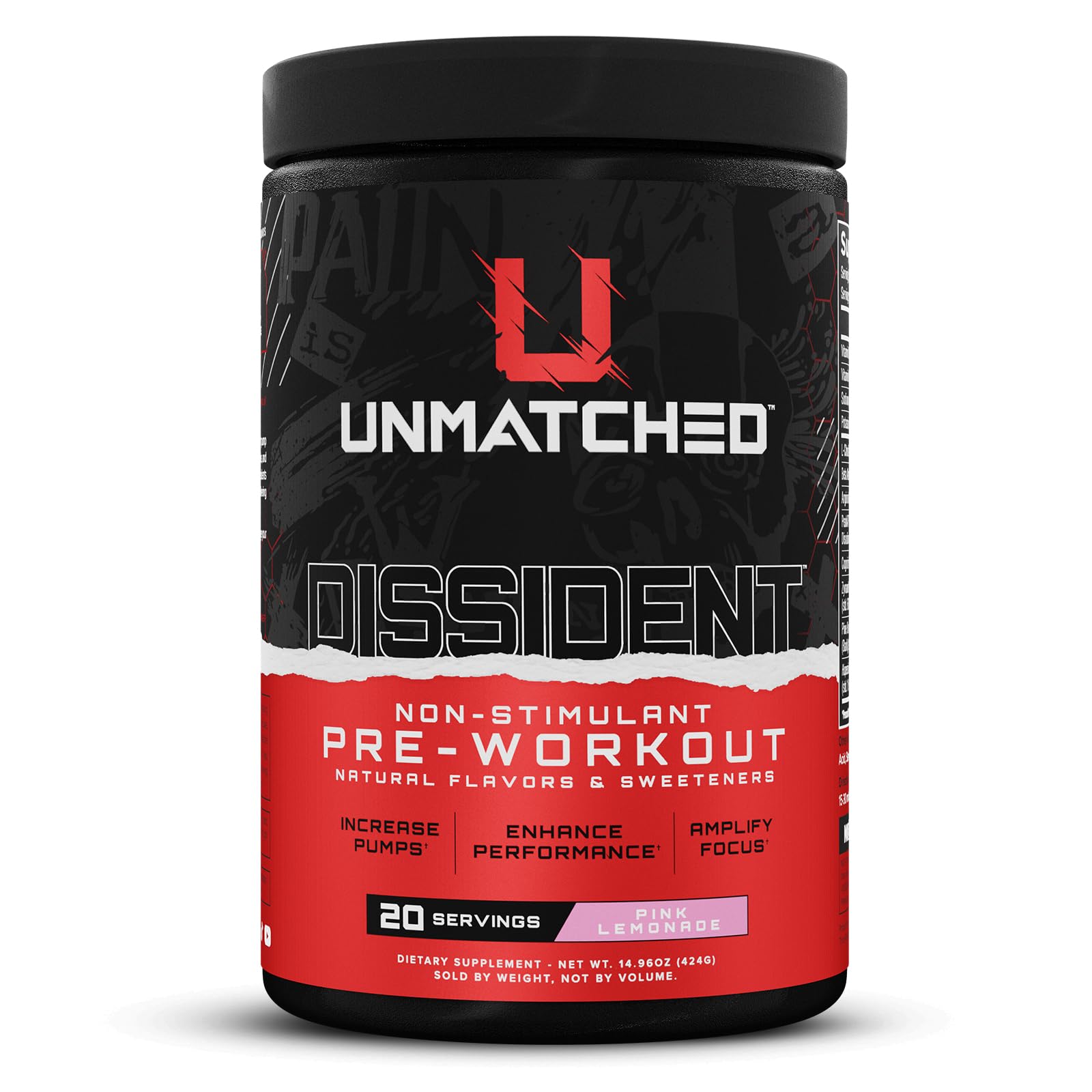 Unmatched Dissident Non-Stim Pre-Workout Pink Lemonade powder packaging