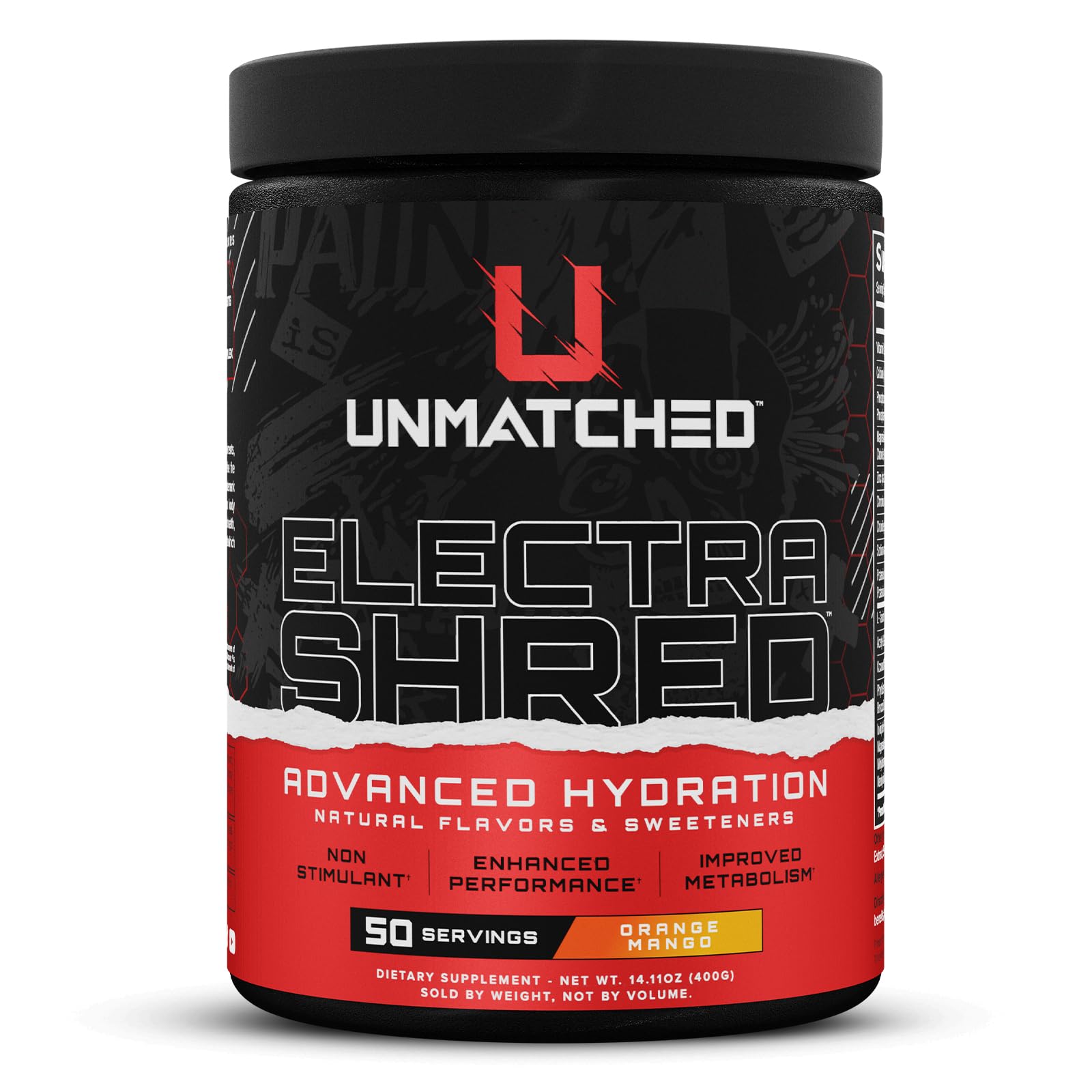 Unmatched Electrashred bottle highlights non-stim hydration for steady energy and recovery.