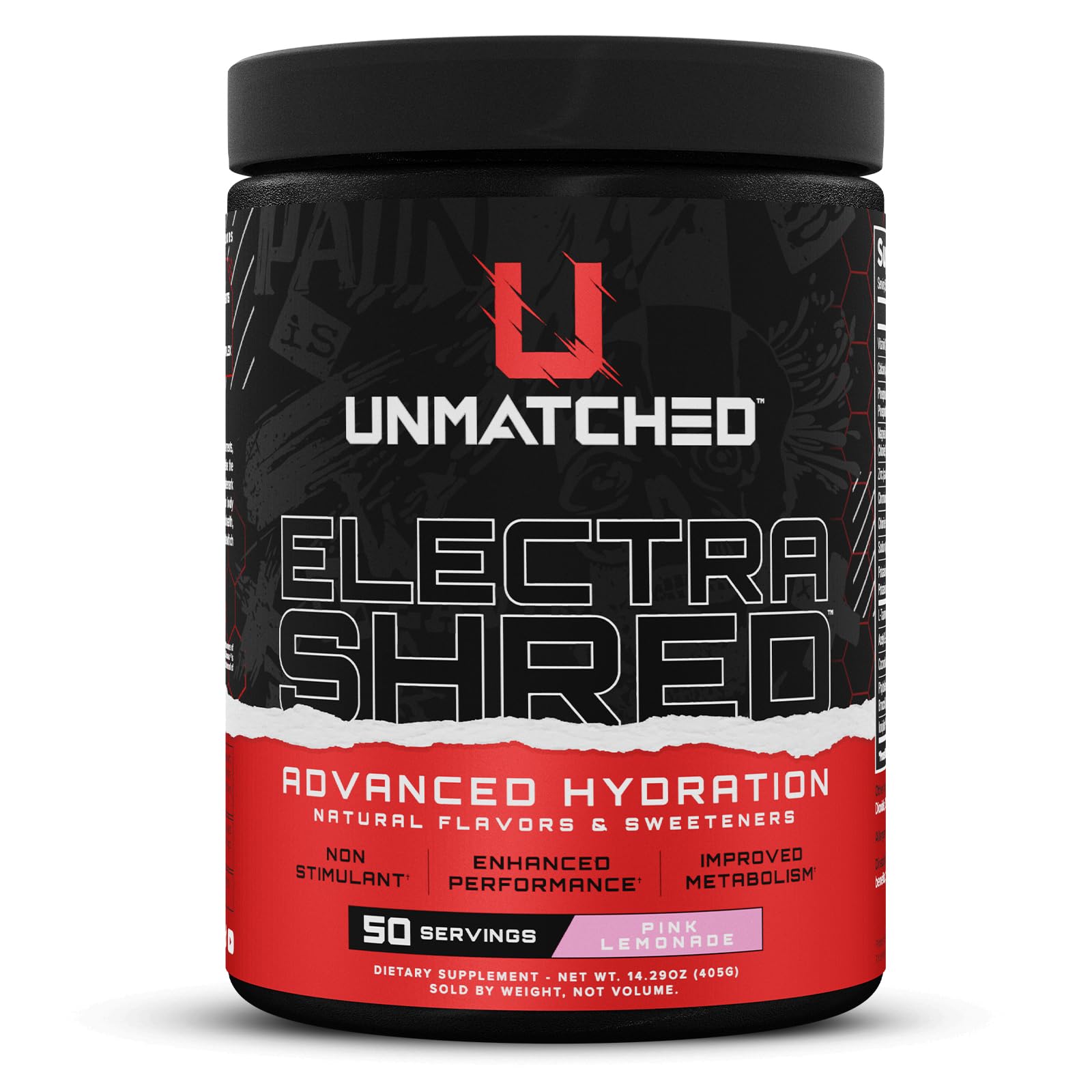 Unmatched Electrashred tub opened showing pink lemonade powder for refreshing hydration.