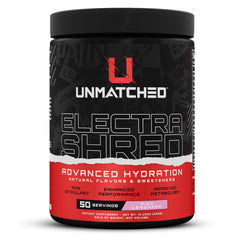 Unmatched Electrashred tub opened showing pink lemonade powder for refreshing hydration.