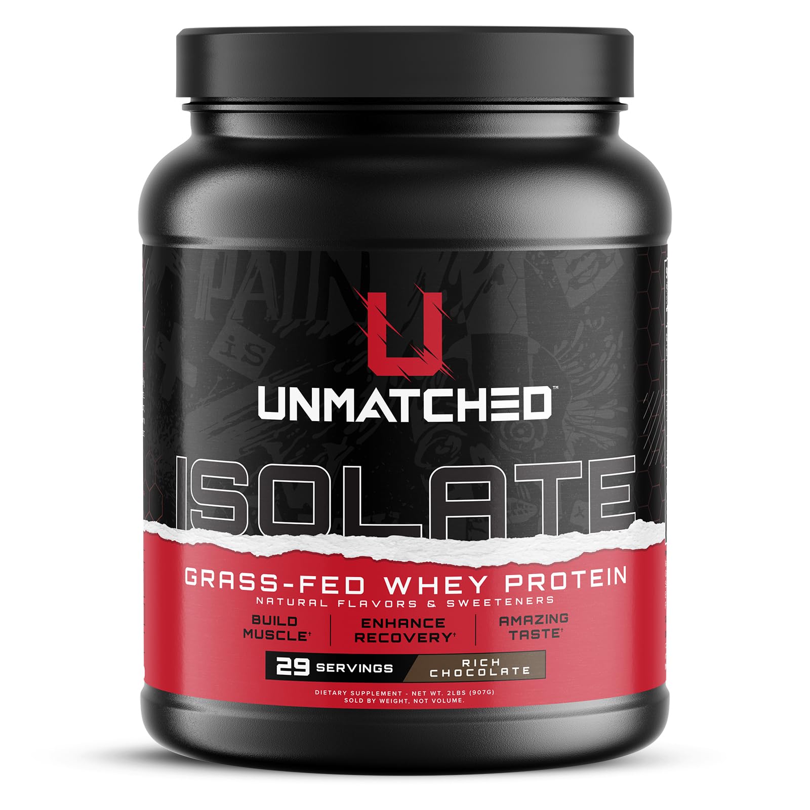 Front view of Unmatched Isolate Grass-Fed Whey Protein in Rich Chocolate flavor