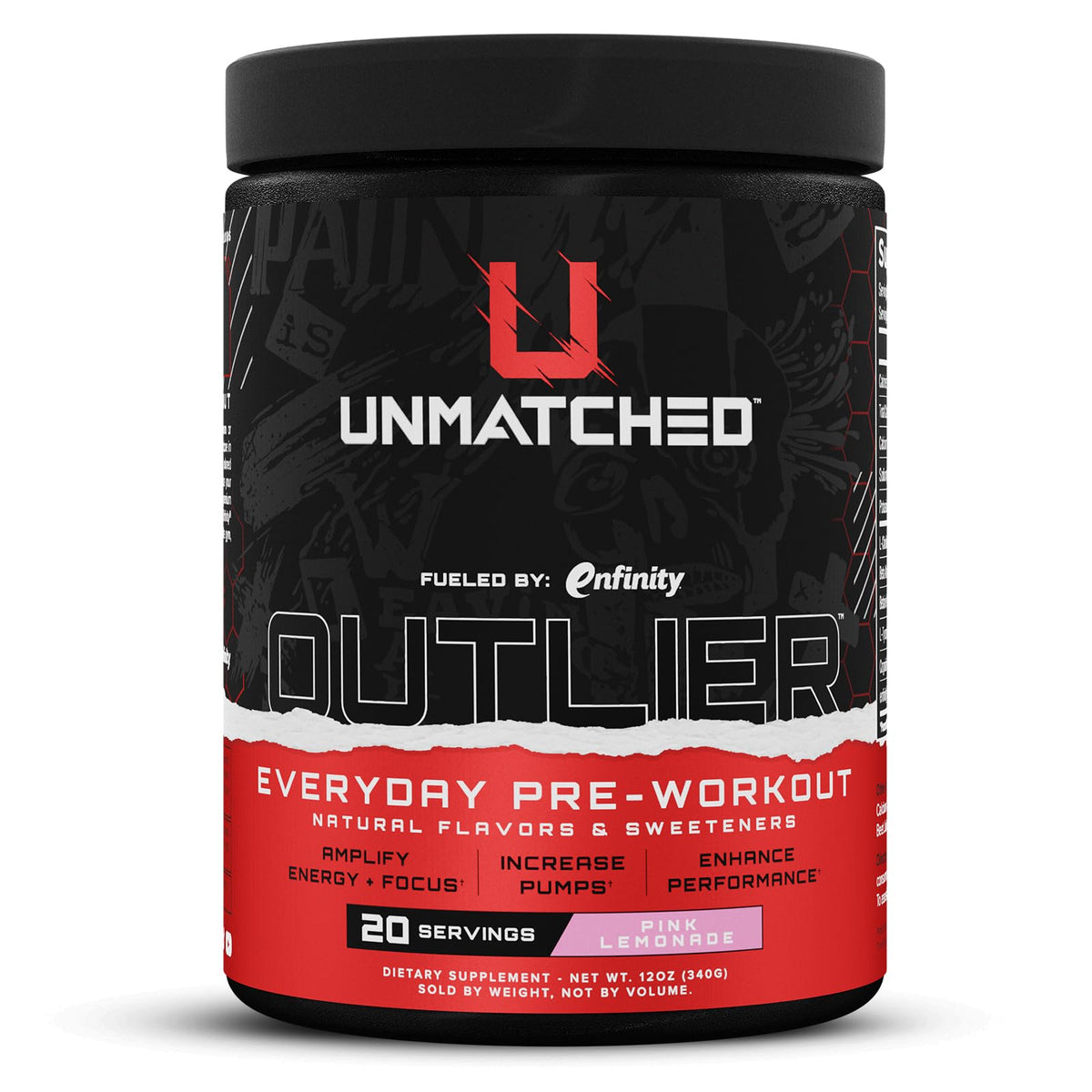 Unmatched Outlier pink lemonade pre-workout tub front, designed for a smooth energy boost during training.