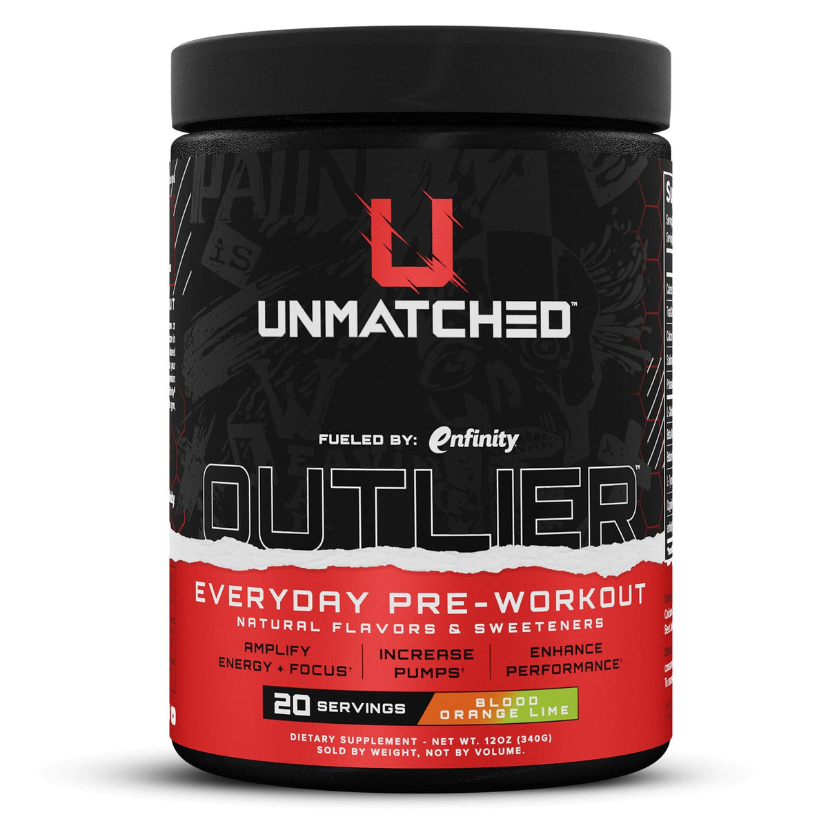 Unmatched Outlier pre-workout tub close-up showing balanced energy and focus