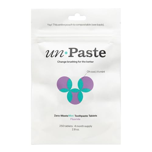 Front view of Unpaste toothpaste tablets in a resealable 250-count packet