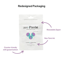 Flat-bottom redesigned packaging standing upright on a counter