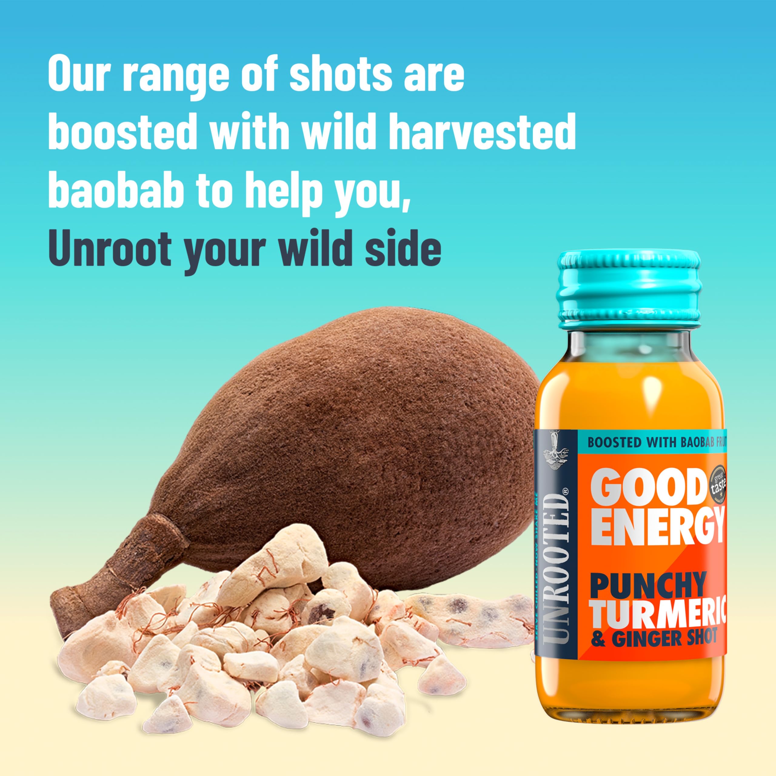 Close-up of Mighty Ginger and Punchy Turmeric energy shot bottles