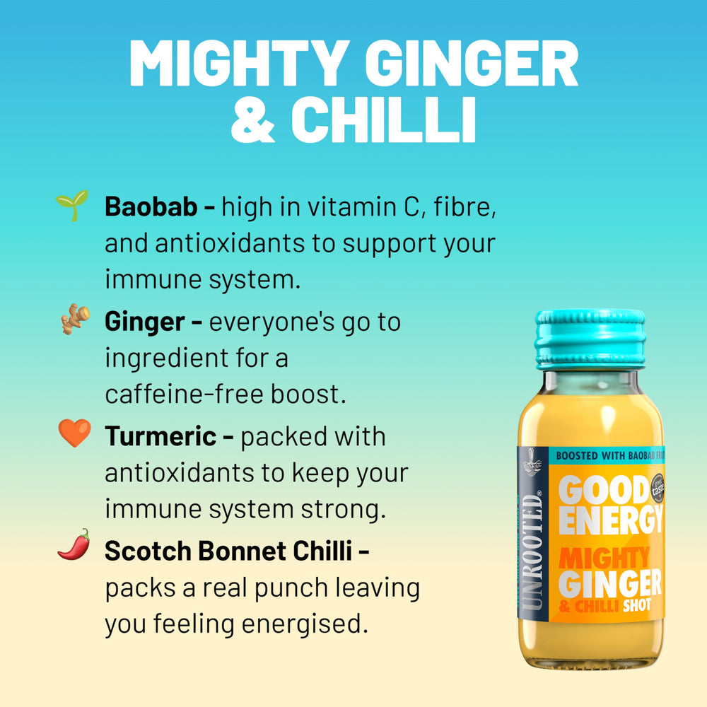 Ingredients visualization showing Ginger Turmeric Chilli Baobab in the energy shot