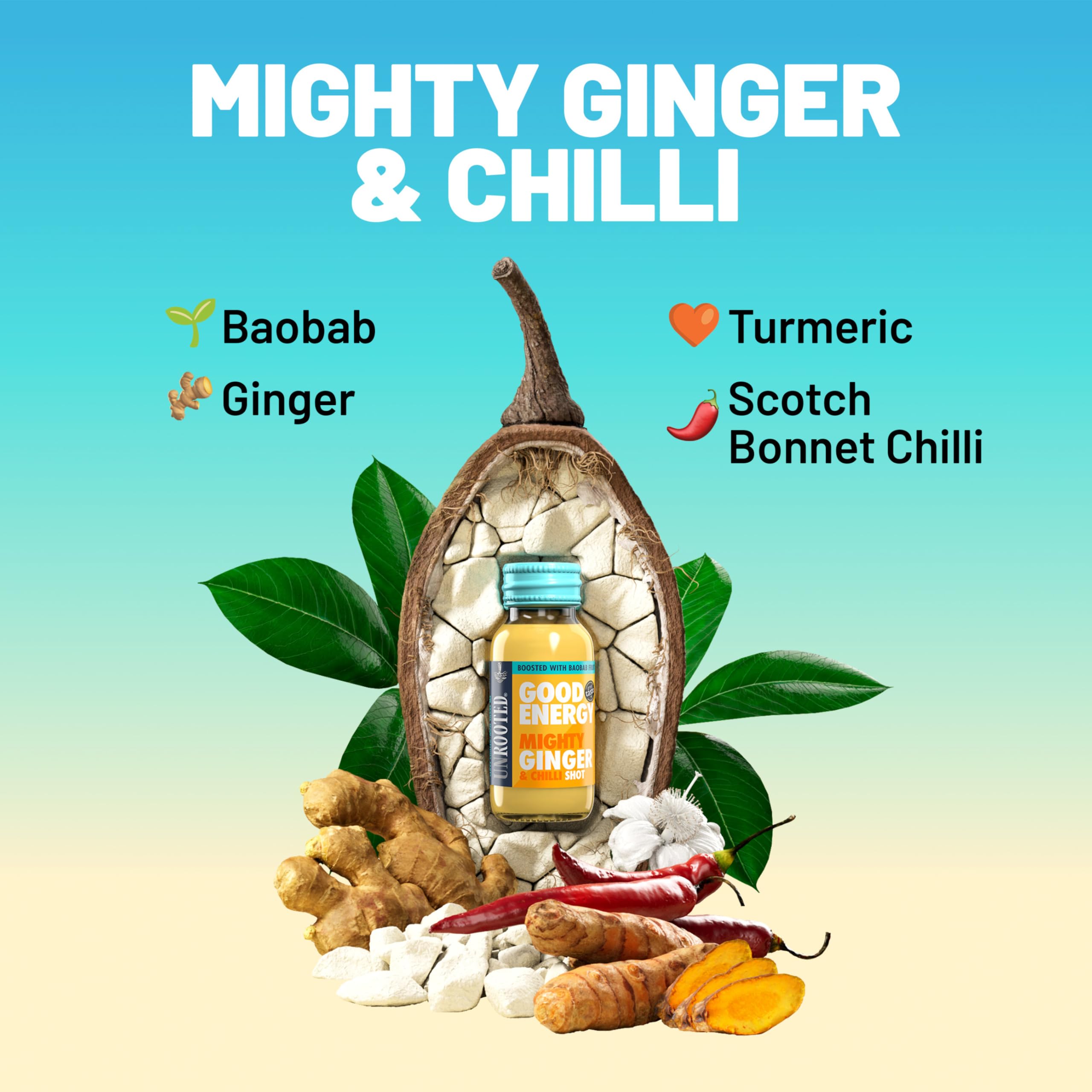 Back packaging of UNROOTED Good Energy Shot Mighty Ginger 12 pack
