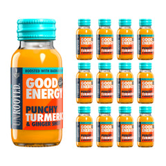 Unrooted Good Energy Shot bottle front with turmeric blend for a natural energy lift