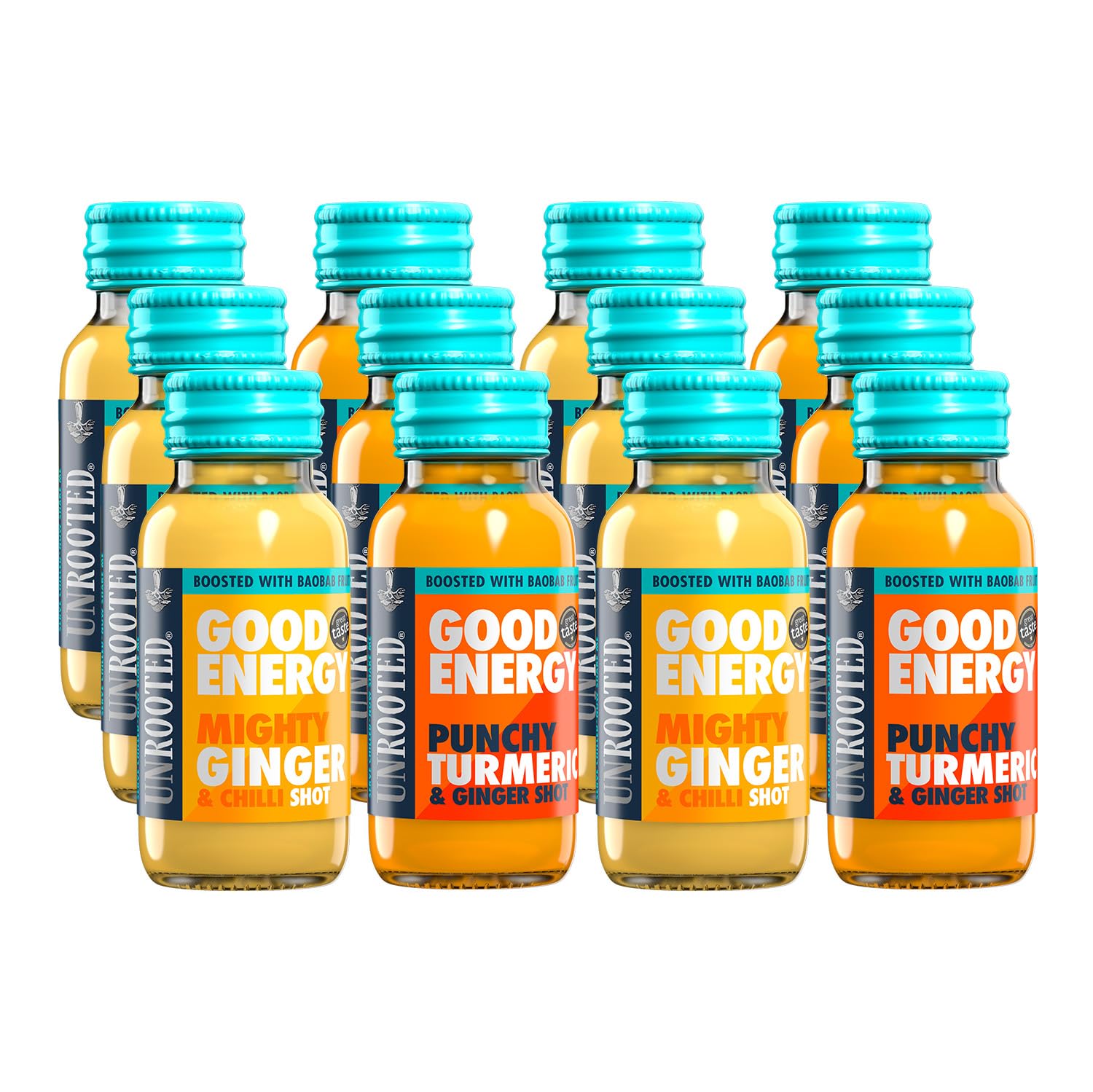Unrooted Good Energy Shot ginger bottle visible for natural energy without jitters
