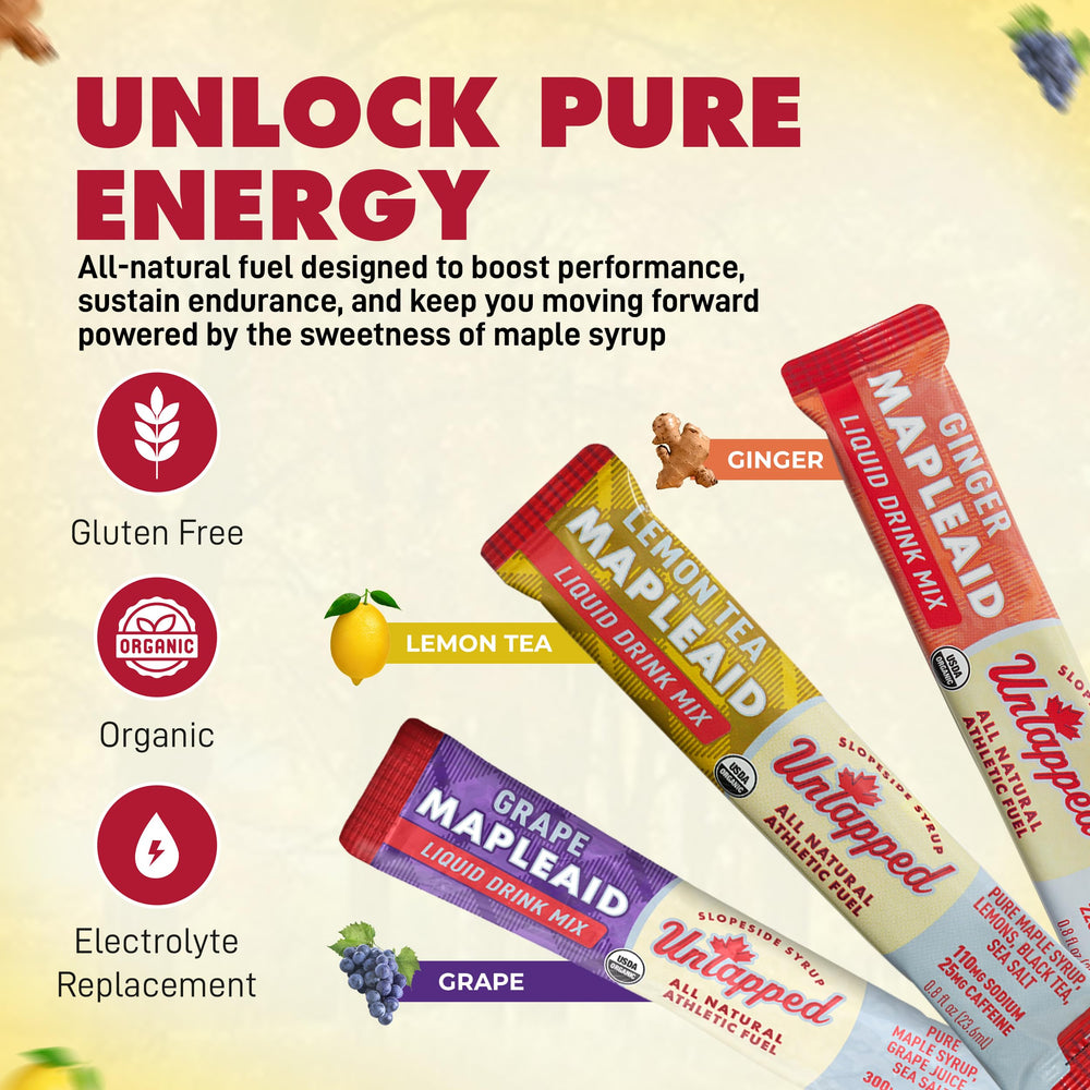 Untapped sample pack 14 packets shown as portable on-the-go fuel