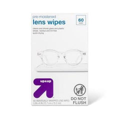 60-count package of individually wrapped lens wipes for on-the-go use