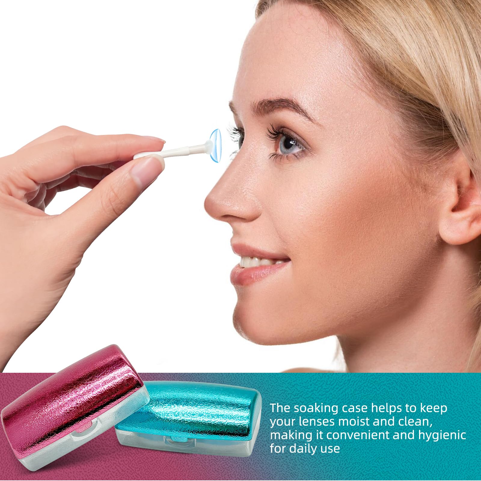 Packaging and components of the UpaClaire travel lens case set in rose and blue